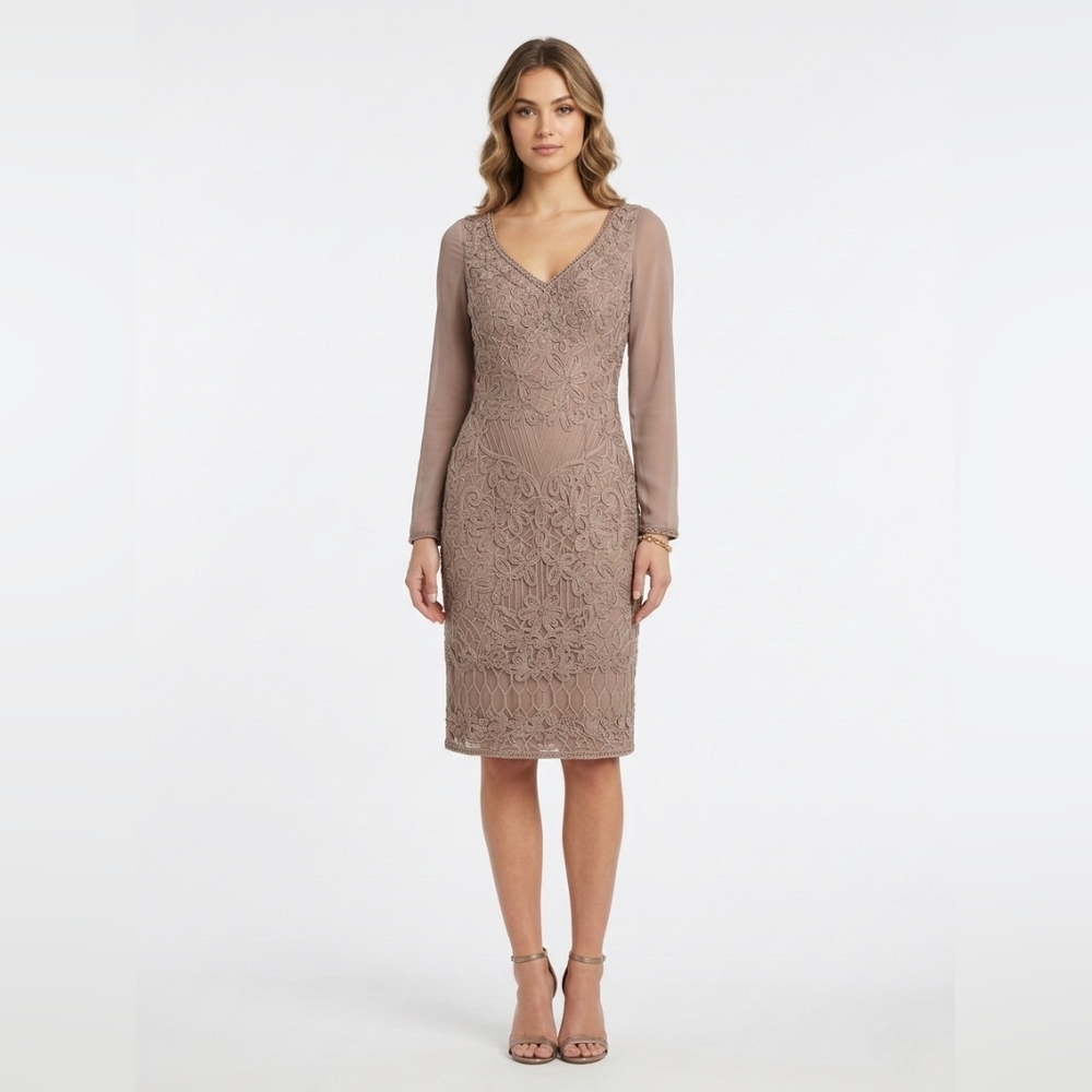 NEW Sue Wong Taupe Long Sleeve Cocktail Dress with Soutache Detail Size 4/6